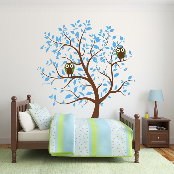 Blue Nursery Tree with Owls Wall Decal