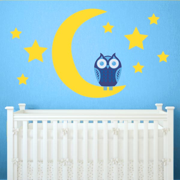 Dark Blue Owl on Moon Wall Decal