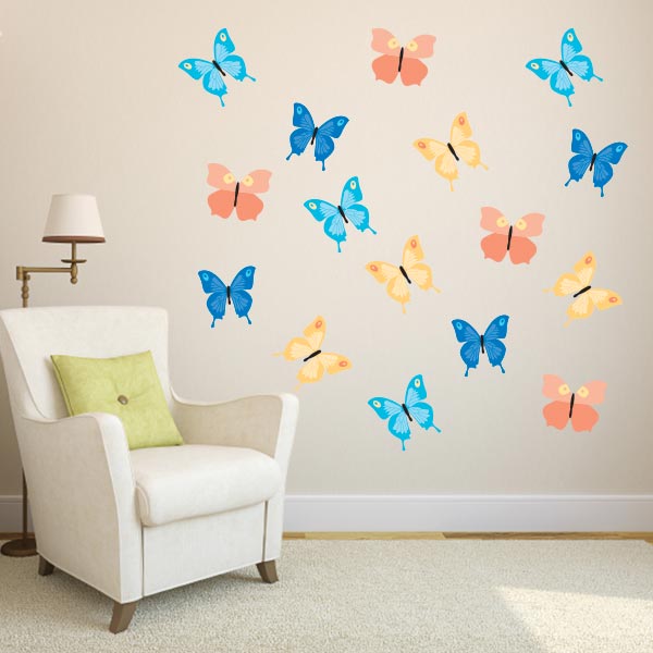 Printed Butterfly Wall Decals - Set of 16