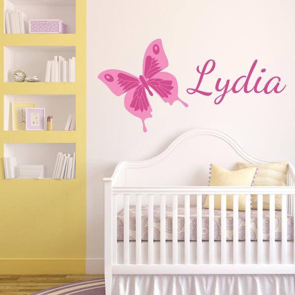 Pink Printed Butterfly with Name Wall Decal