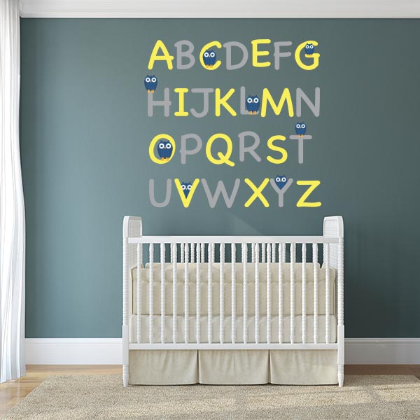 Yellow and Grey Owl Alphabet Wall Decal Set